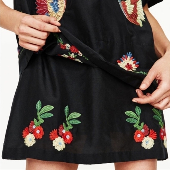 Zara Floral Birds Embroidered Silk Blend Tiered Mini Dress Feminine Bohemian - Picture 5 of 15